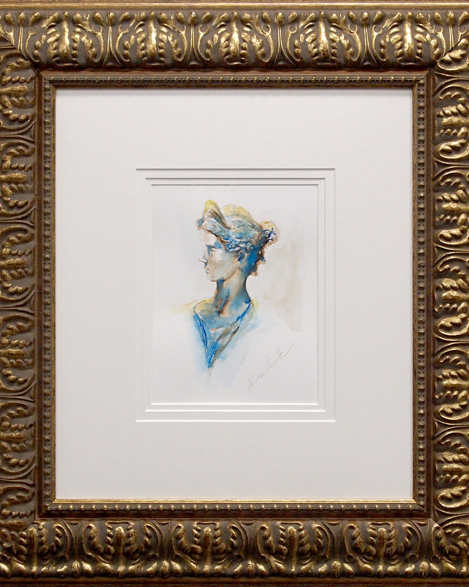 Abstract watercolor portrait of a woman, titled 'Gabriella' by Alex Righetto, framed in gold leaf