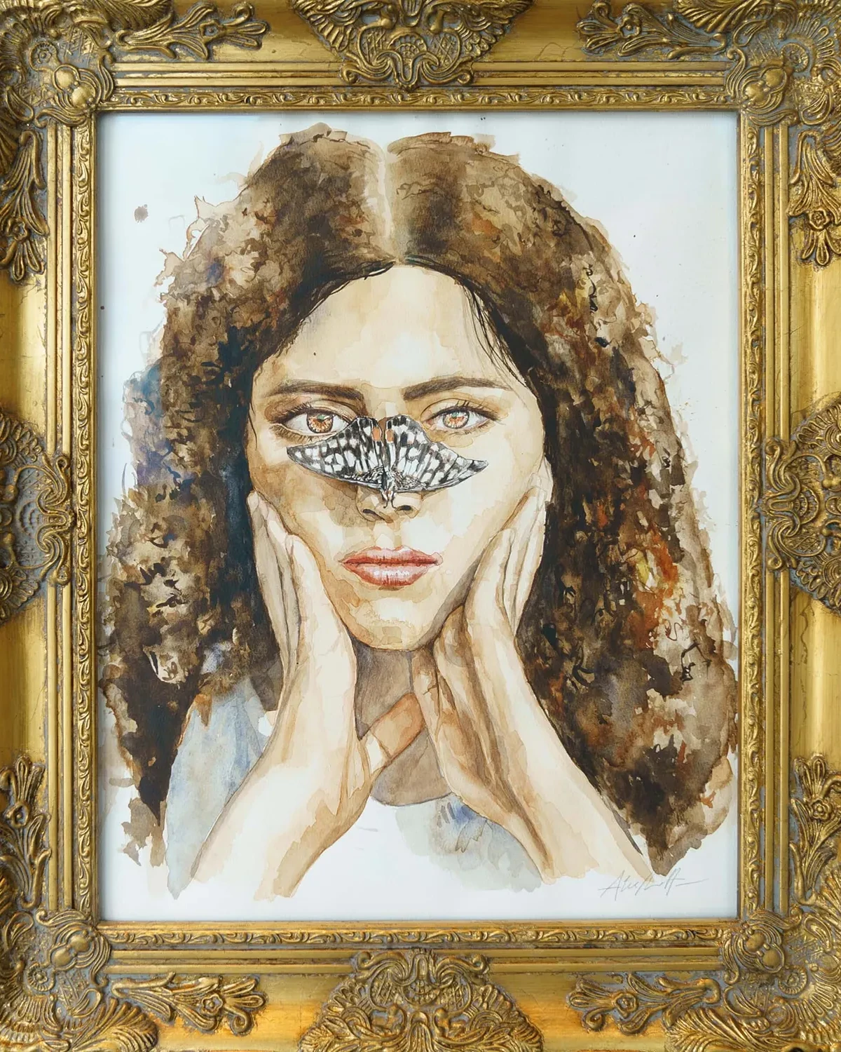 Original watercolor portrait 'Farasha' by Alex Righetto, part of the Rebirth Collection, depicting a young Arabic girl with a butterfly on her nose, symbolizing transformation and growth.