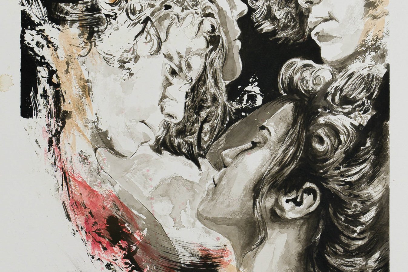 Original artwork 'The Balcony' by Alex Righetto, from the Romeo and Juliet Collection, featuring a 28 x 42 inch vertical painting depicting Romeo and Juliet's iconic balcony scene.