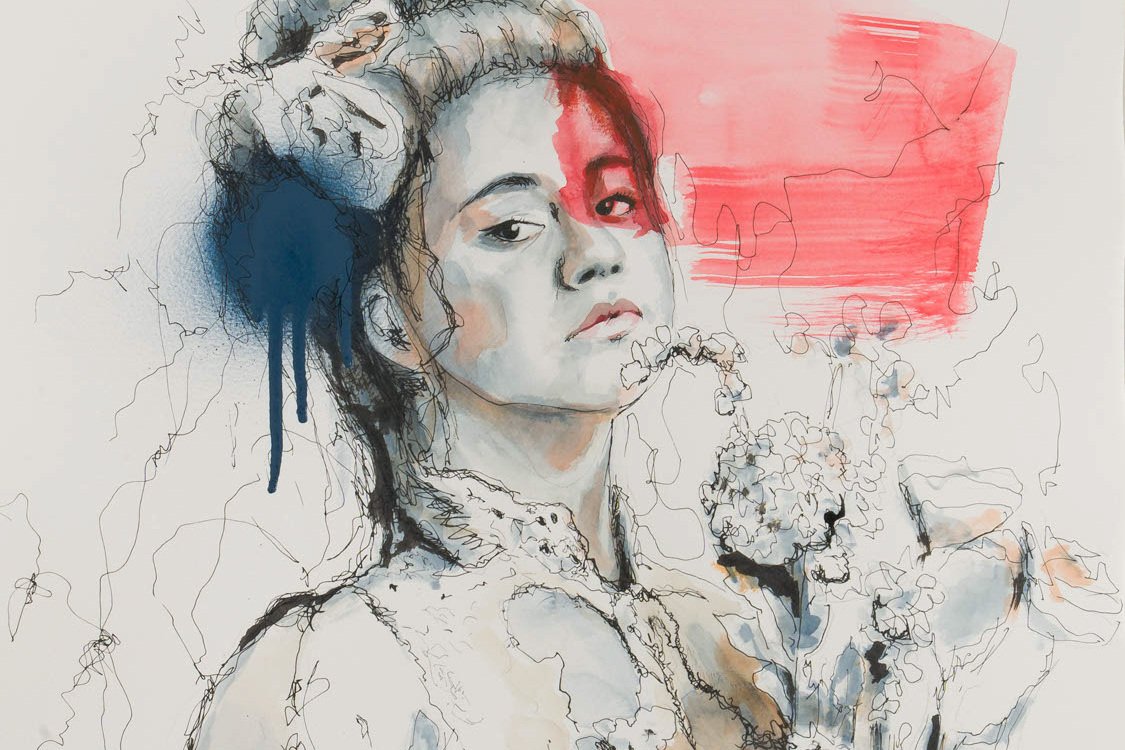 Original mixed media painting 'Moment of Truth' by Alex Righetto, a 17.5 x 21 inch vertical piece from the Romeo and Juliet Collection, depicting Juliet's pivotal change.