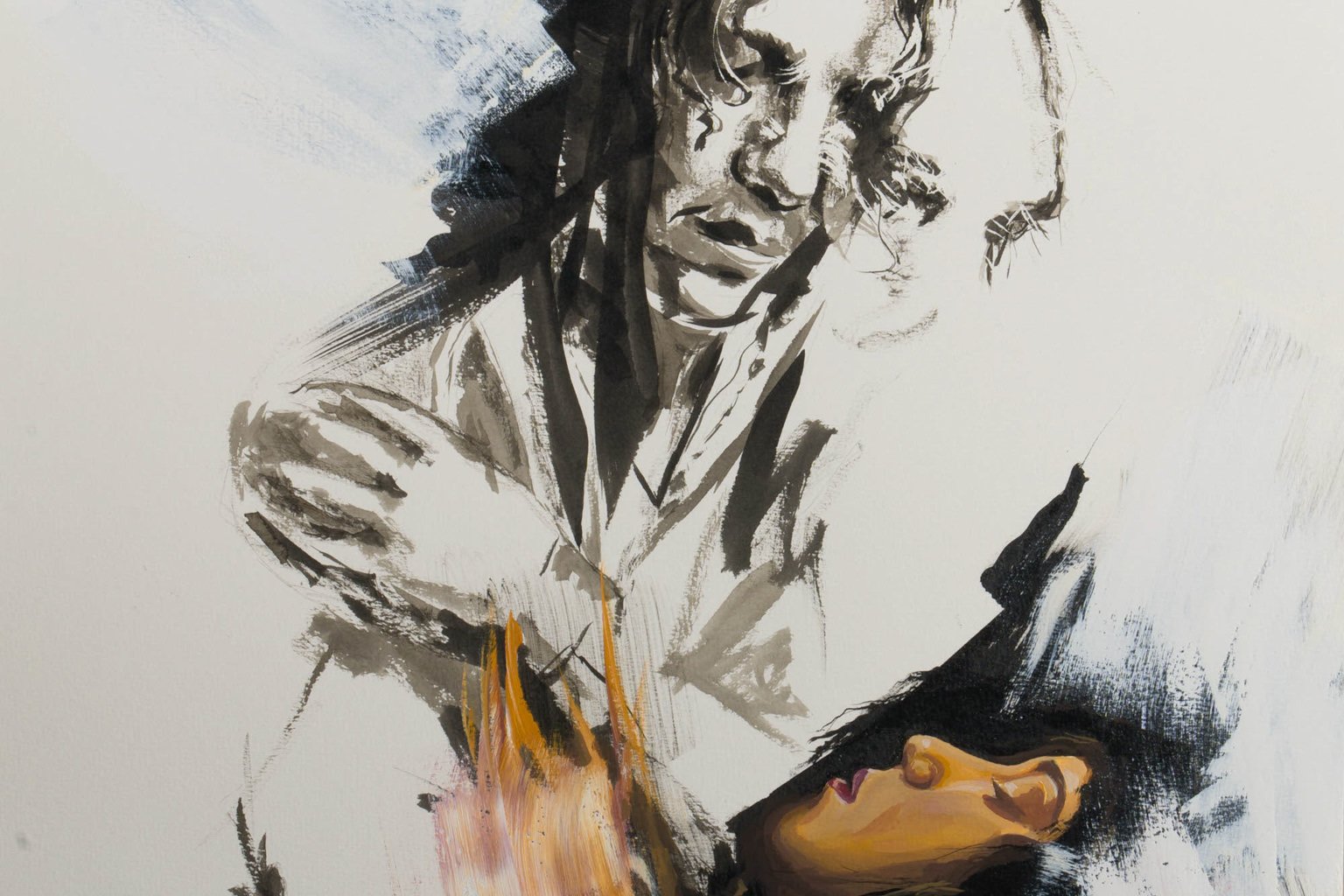 Original mixed media painting 'Pain is Close to Pleasure' by Alex Righetto, featuring a 17.5 x 21 inch vertical portrayal of Romeo, part of the Romeo and Juliet Collection.