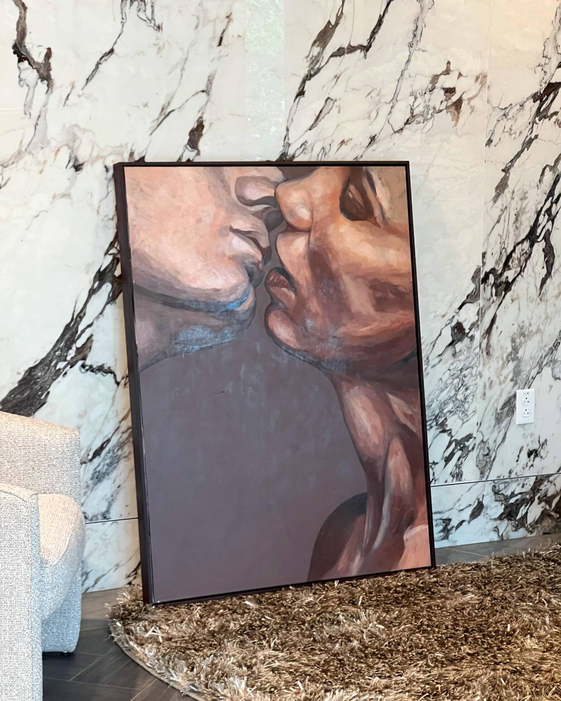 Acrylic painting 'The Kiss' by Alex Righetto, originally part of the Rebirth Collection, featuring a 36 x 48-inch canvas depicting an intimate moment with rich tones and emotional depth.