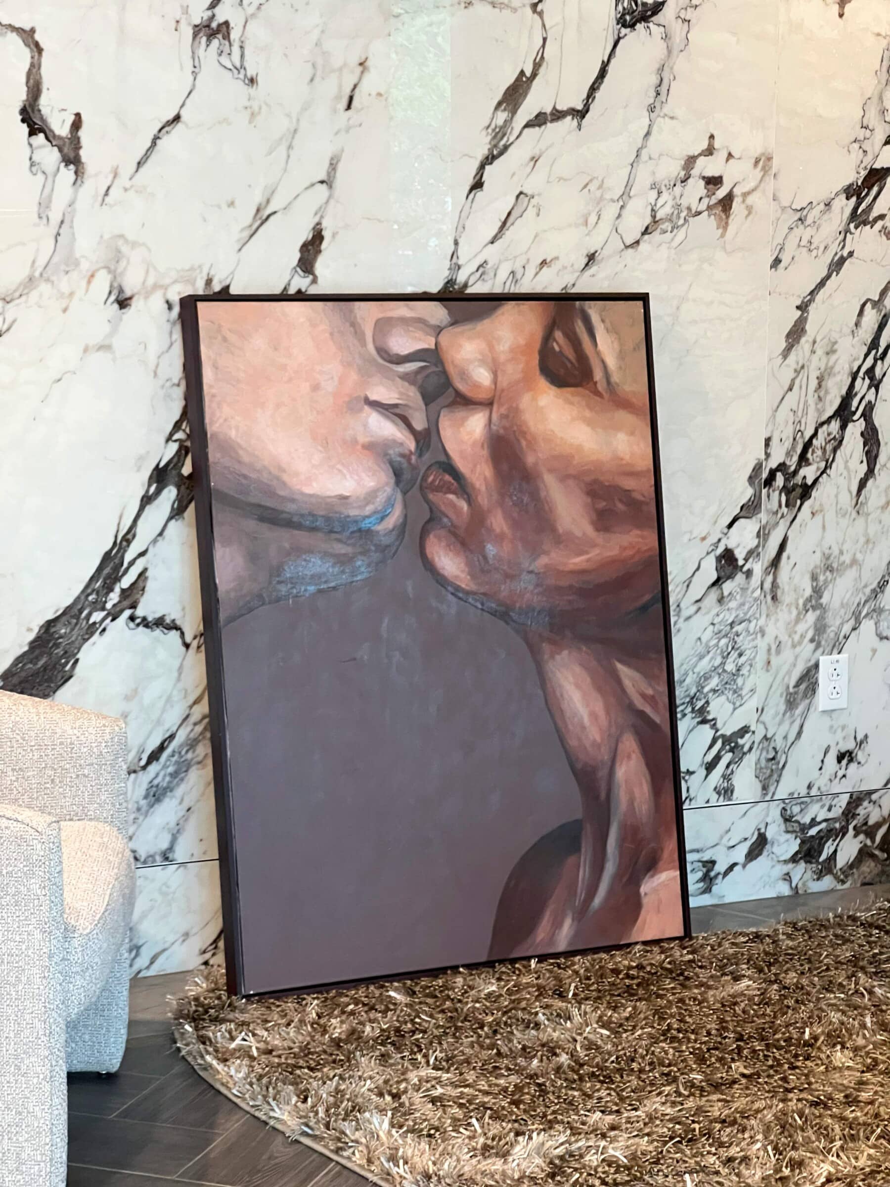 Acrylic painting 'The Kiss' by Alex Righetto, originally part of the Rebirth Collection, featuring a 36 x 48-inch canvas depicting an intimate moment with rich tones and emotional depth.