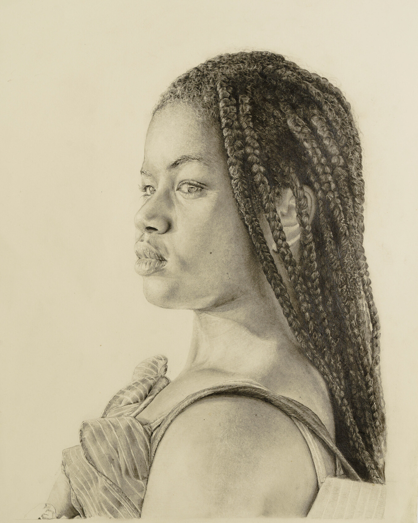 Pencil portrait of a young girl, Anastacia, with detailed braids, gazing into the distance with the ocean reflected in her eyes.