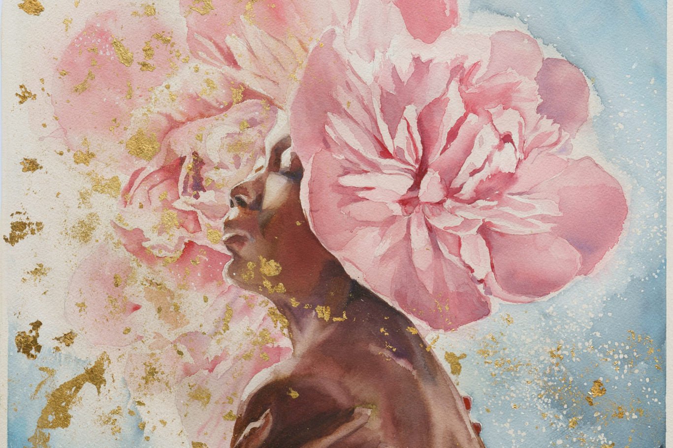 Watercolor painting 'Amour-Propre' by Alex Righetto, part of the Radiance Collection, depicting a woman in a deep emotional state, radiating golden energy.