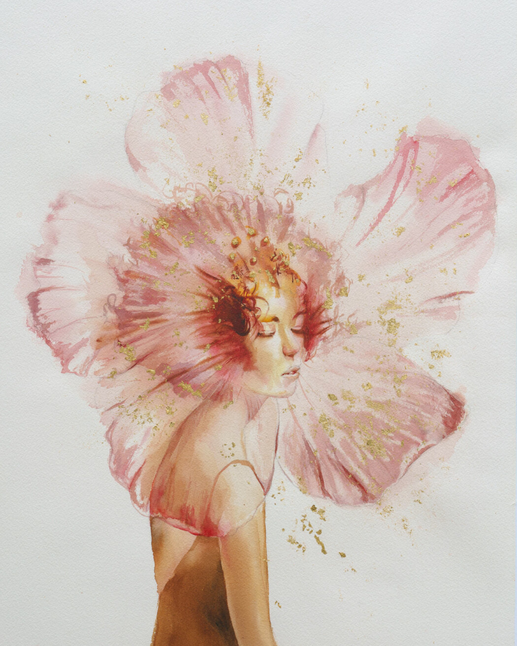 Watercolor painting 'Angelic Cherubic' by Alex Righetto, part of the Radiance Collection, featuring soft pink shades and golden accents in a 22 x 32 inch vertical format.