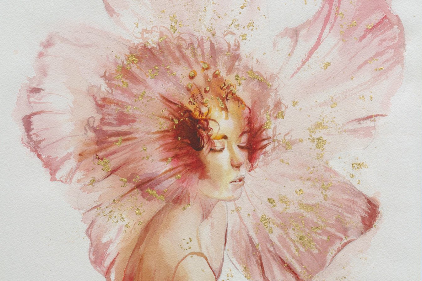 Watercolor painting 'Angelic Cherubic' by Alex Righetto, part of the Radiance Collection, featuring soft pink shades and golden accents in a 22 x 32 inch vertical format.