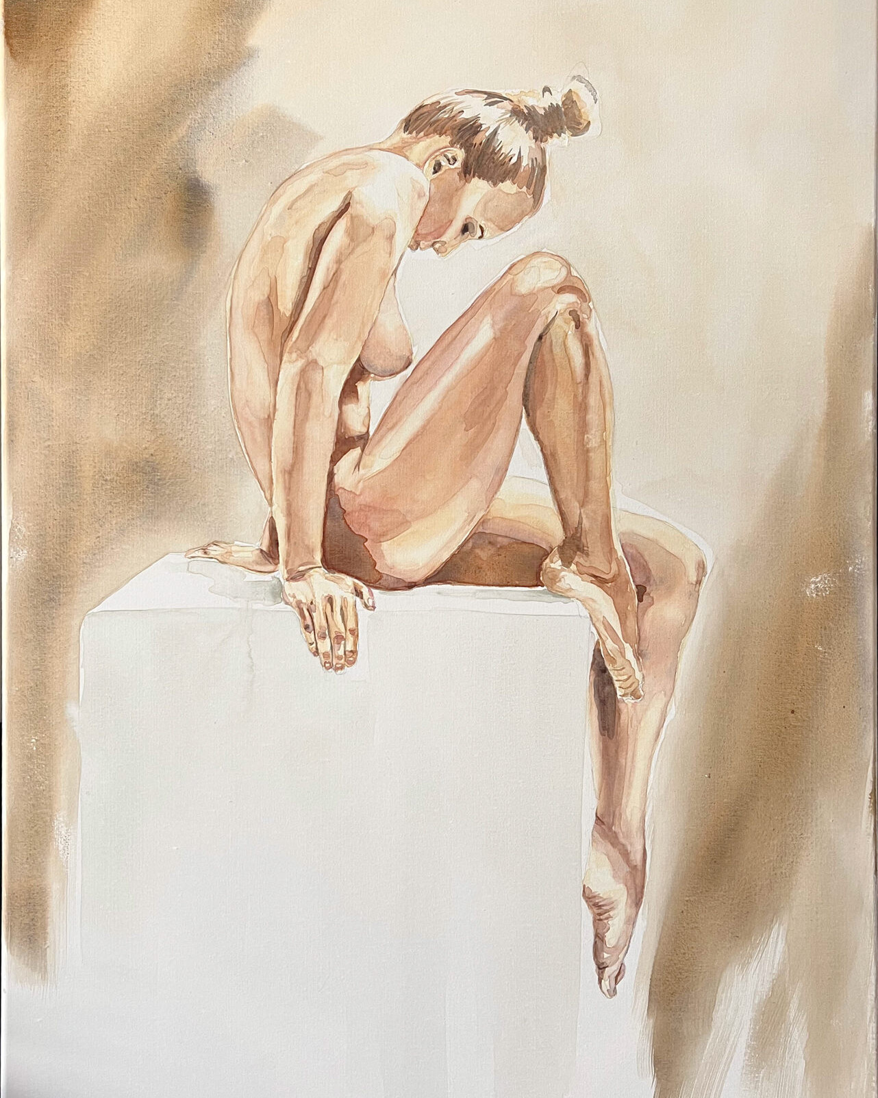 Watercolor painting 'Nude Study' by Alex Righetto, measuring 16 x 24 inches, featuring a serene exploration of the nude human form, part of the Studio Collection.
