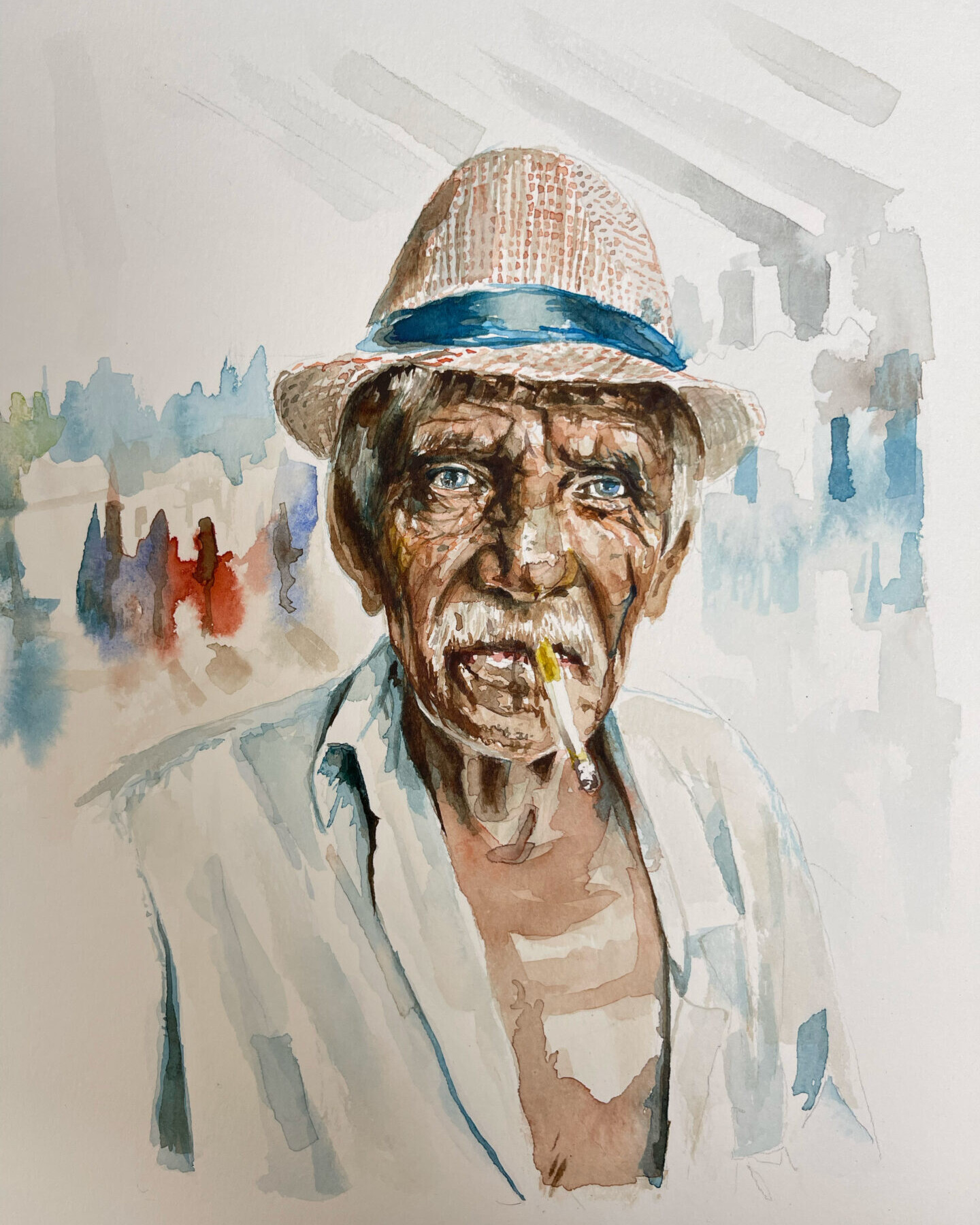A watercolor portrait of an elderly man with a kind face and gentle expression, painted by artist Alex Righetto