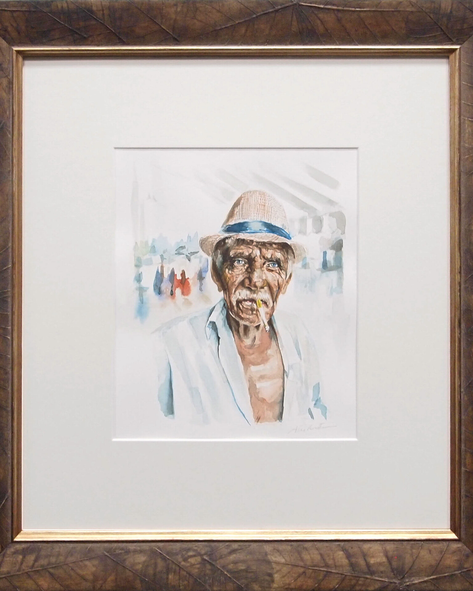 Watercolor portrait of 'Old Man Domenico' by Alex Righetto, depicting an elderly man with deep blue eyes and a storied face, framed in an exclusive brown wood frame, symbolizing a personal narrative intertwined with global history.
