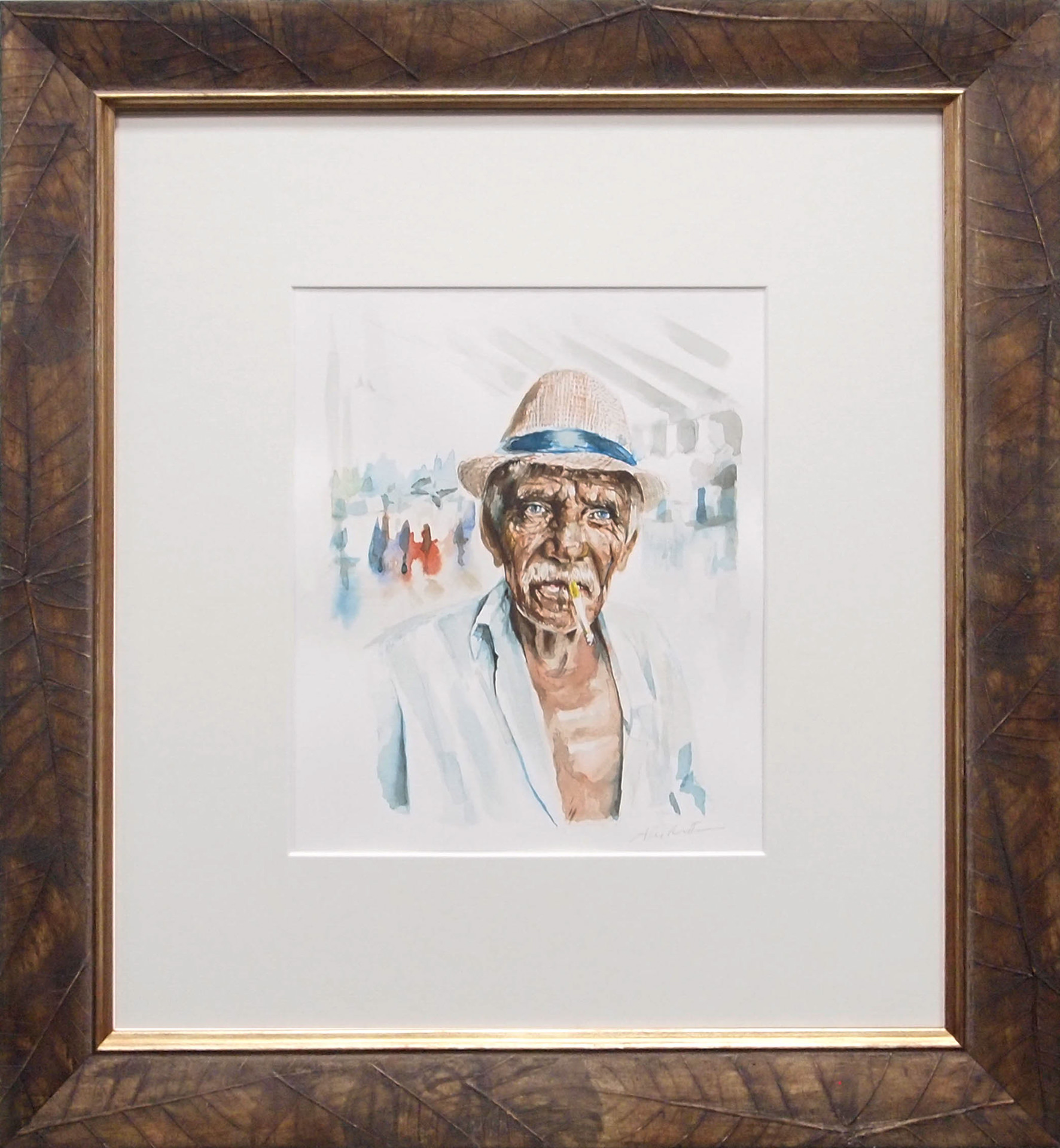 Watercolor portrait of 'Old Man Domenico' by Alex Righetto, depicting an elderly man with deep blue eyes and a storied face, framed in an exclusive brown wood frame, symbolizing a personal narrative intertwined with global history.