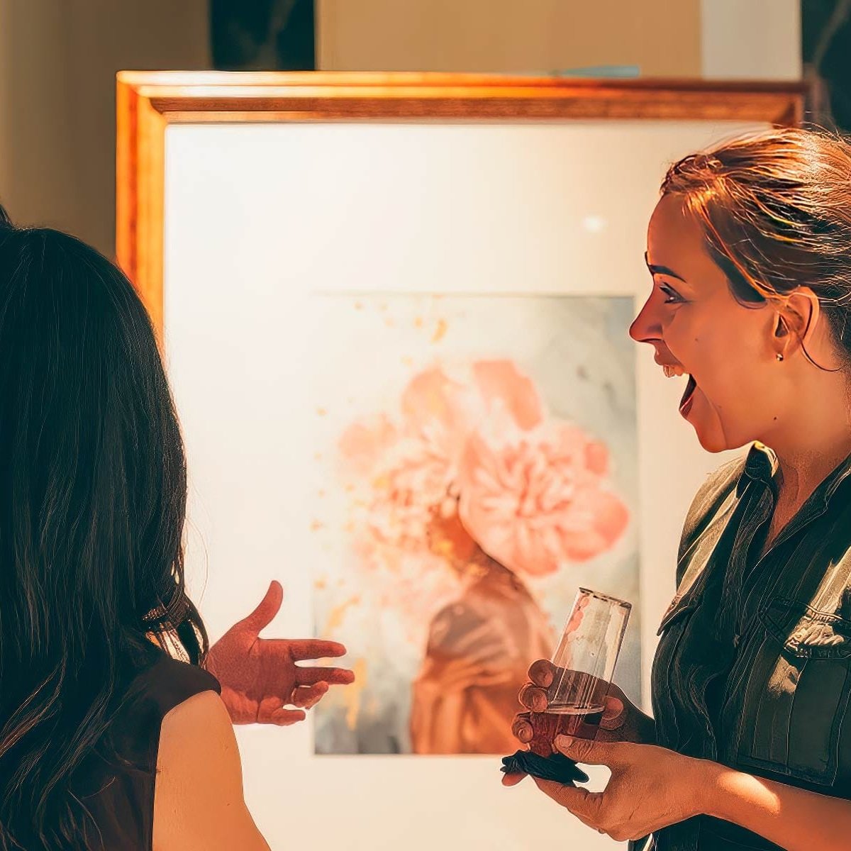 crowded gallery with people admiring watercolor paintings hanging on the walls. The artist, Alex Righetto, is standing in the foreground, smiling at the visitors.