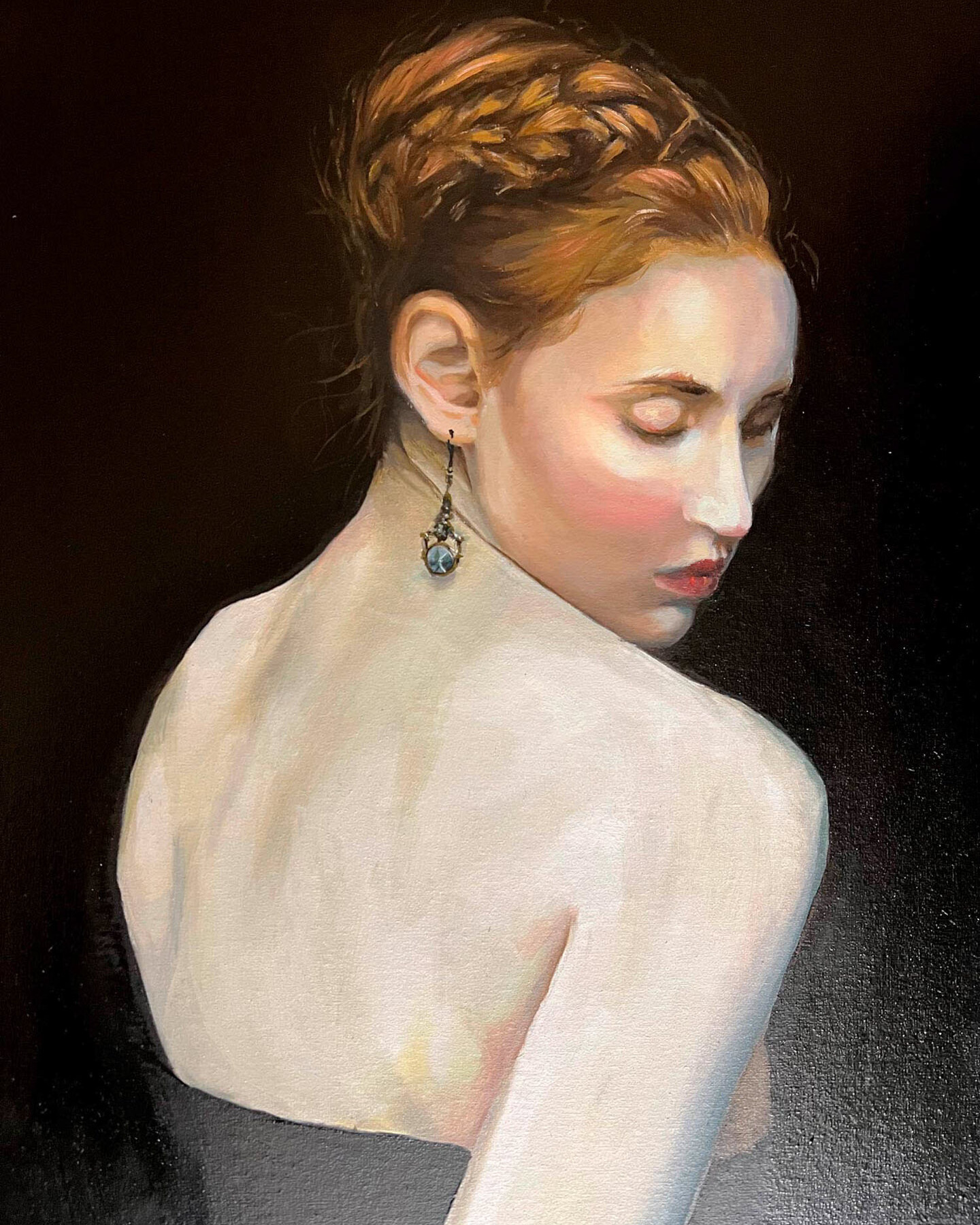 Original oil on board artwork 'Study of a Woman' by Alex Righetto, measuring 12 x 16 inches, part of the Studio Collection, depicting a detailed study of a woman's form and psyche.