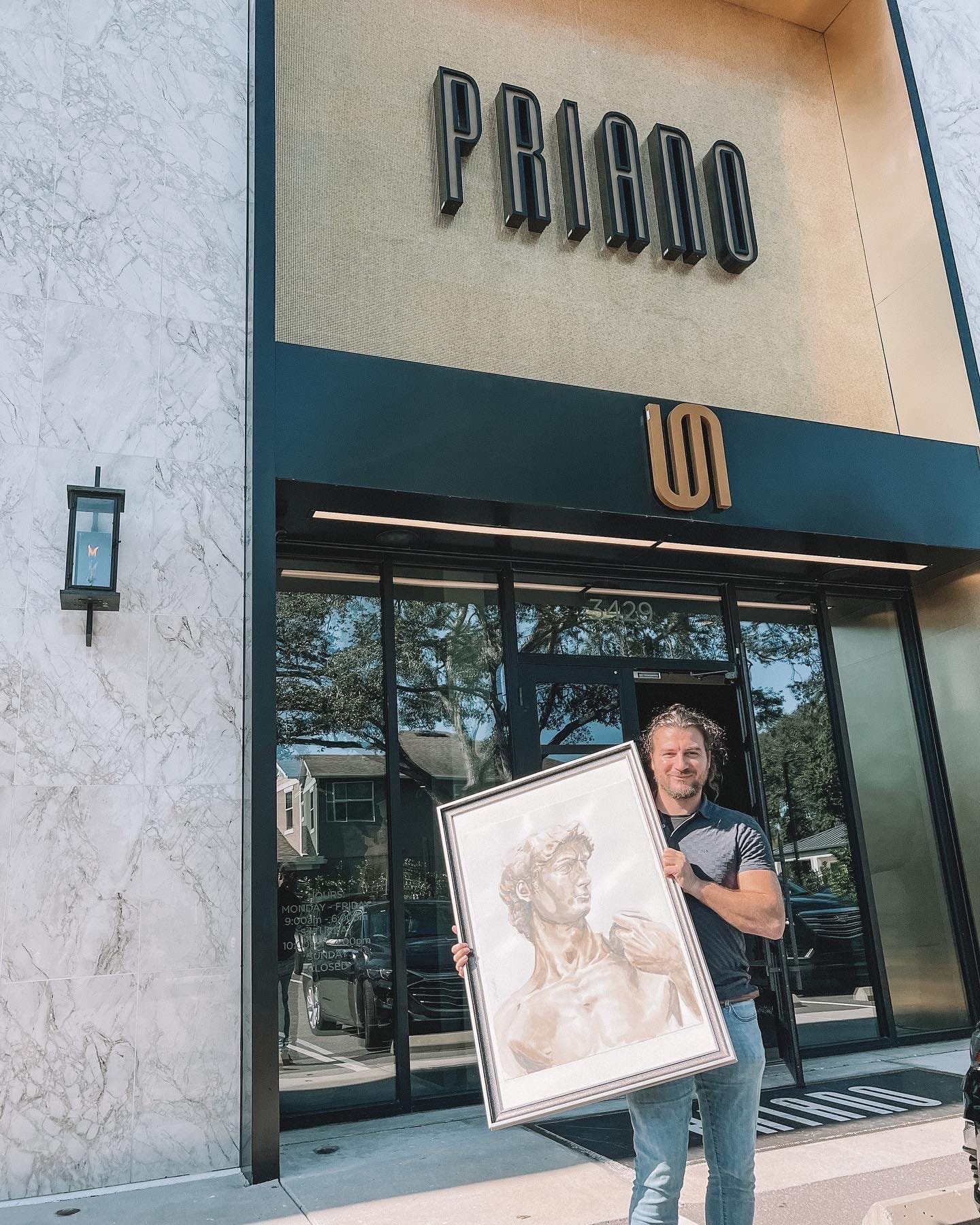 A beautiful watercolor triptych of Michelangelo's famous statue of David, now on display at Priano in Tampa, Florida.