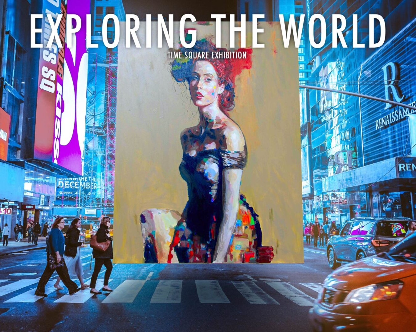 A vibrant and colorful artwork displayed on a large digital screen in the midst of Times Square.