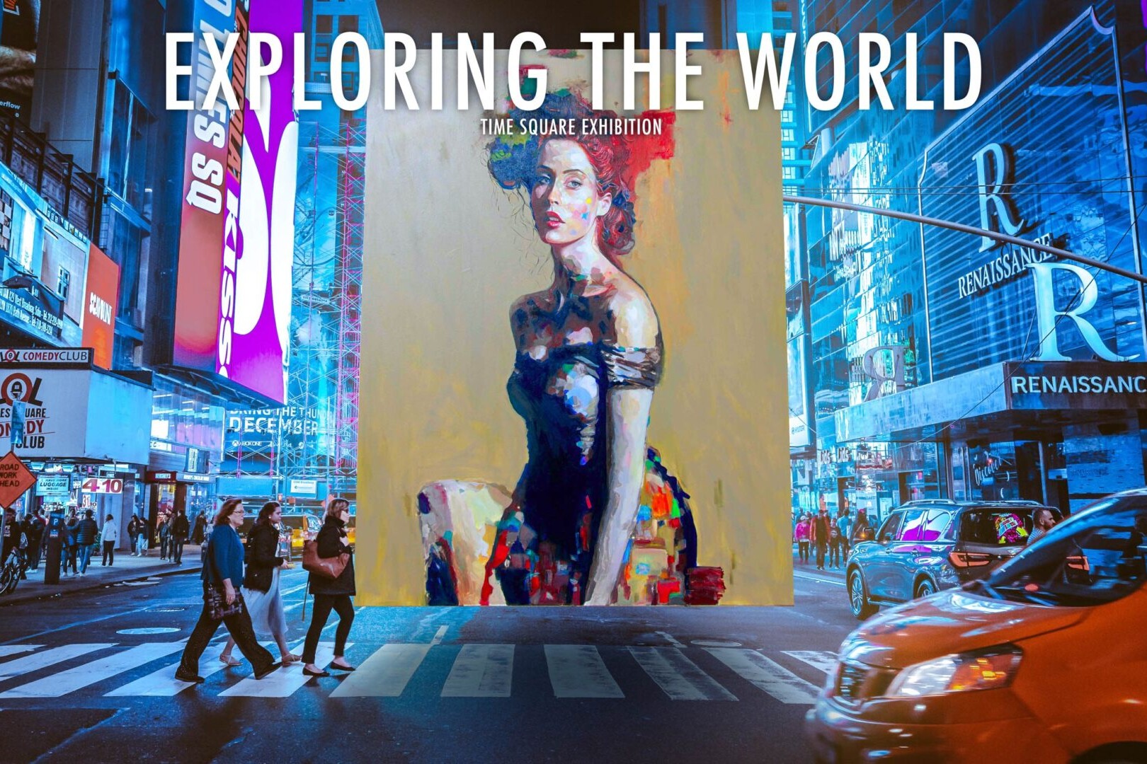 A vibrant and colorful artwork displayed on a large digital screen in the midst of Times Square.