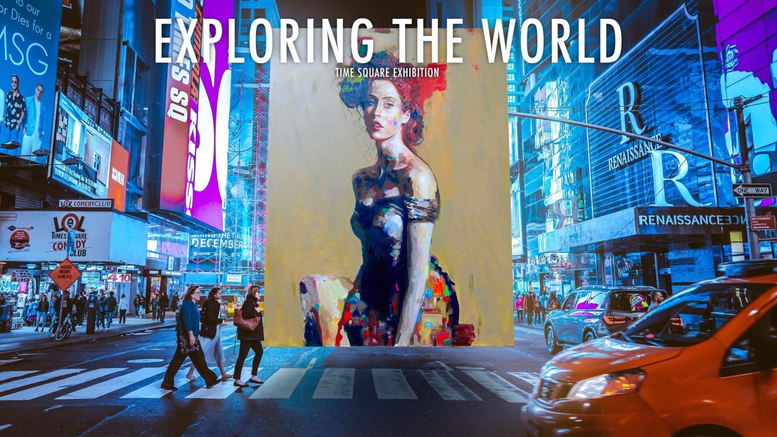 A vibrant and colorful artwork displayed on a large digital screen in the midst of Times Square.