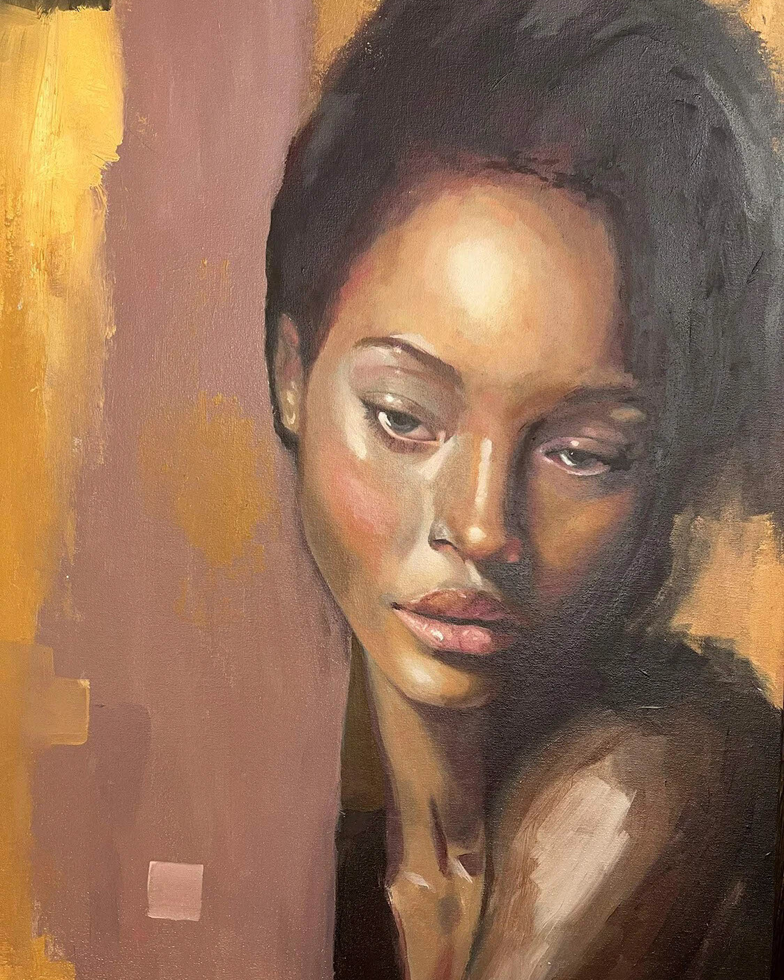 Oil on board painting 'Exotic Venus (Golden Tears)' by Alex Righetto, a 12 x 16-inch piece from the Studio Collection, embodying an abstract interpretation of feminine mystique and emotional depth.