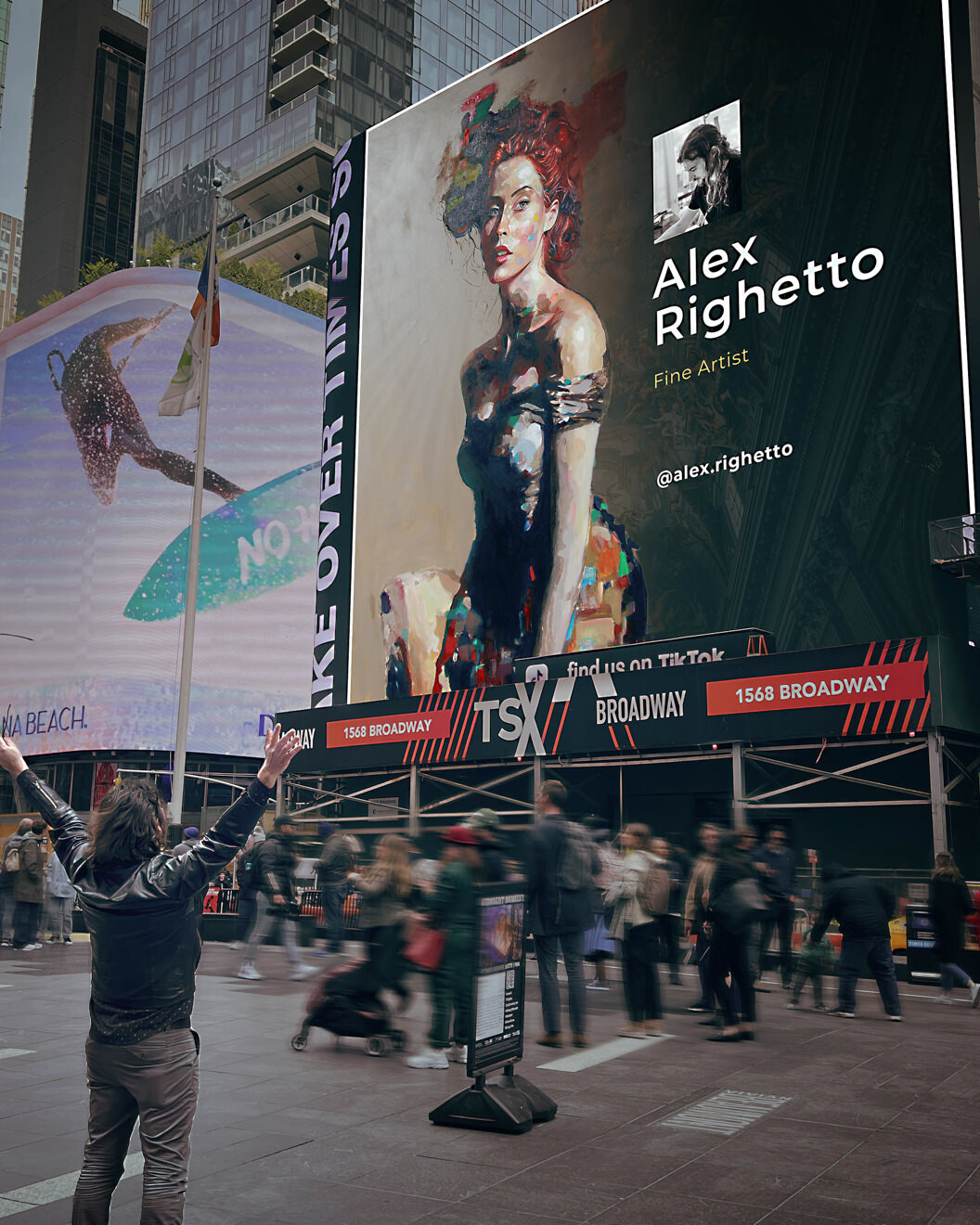 A bustling Times Square with pedestrians and various advertisements. In the foreground, an individual is seen taking a selfie with a large billboard featuring a modern, expressive portrait of Mona Lisa's Daughter