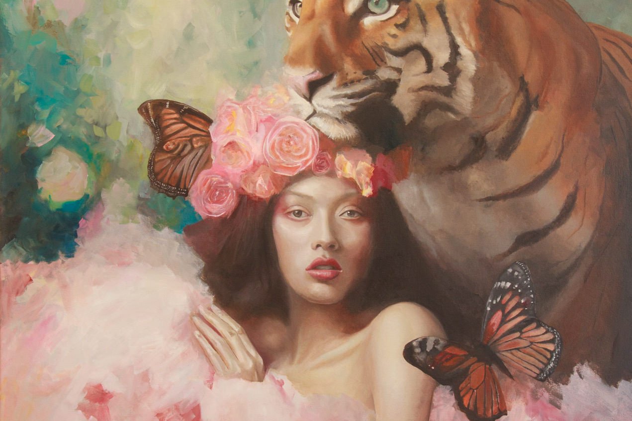 Oil painting 'The Guardian' by Alex Righetto, from the 2023 Radiance Collection, measuring 48 x 72 inches, symbolizing a stance against human trafficking.