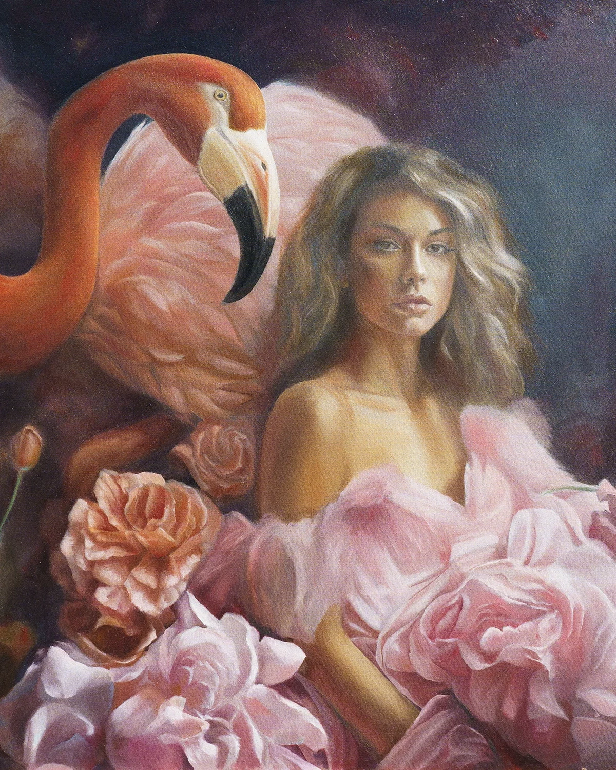 Alex Righetto's 'Lady and Flamingo' from the Radiance Collection, a 36 x 36-inch canvas artwork portraying the serene beauty of a lady and a flamingo in a dance of colors and shapes.