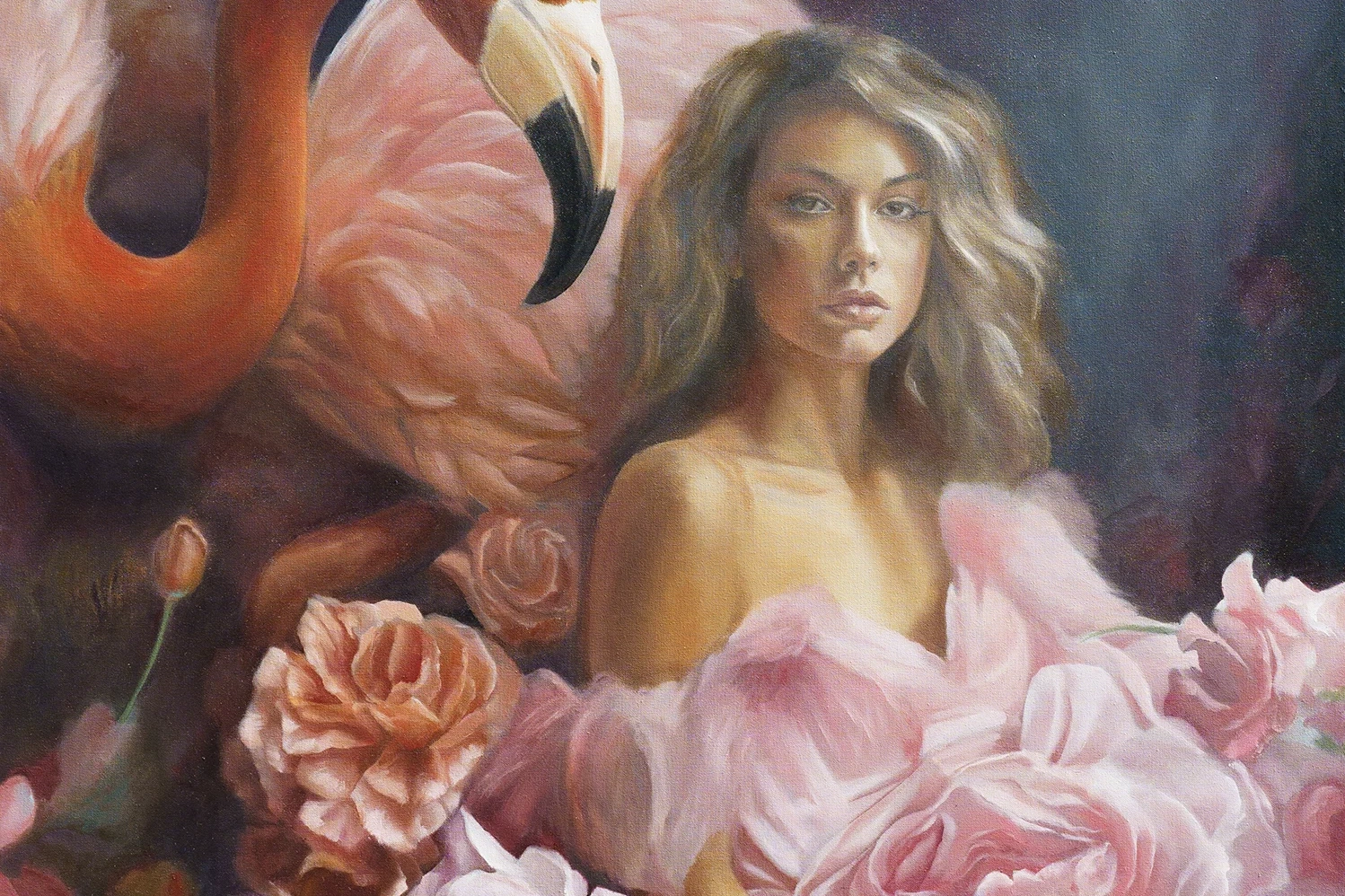 Alex Righetto's 'Lady and Flamingo' from the Radiance Collection, a 36 x 36-inch canvas artwork portraying the serene beauty of a lady and a flamingo in a dance of colors and shapes.