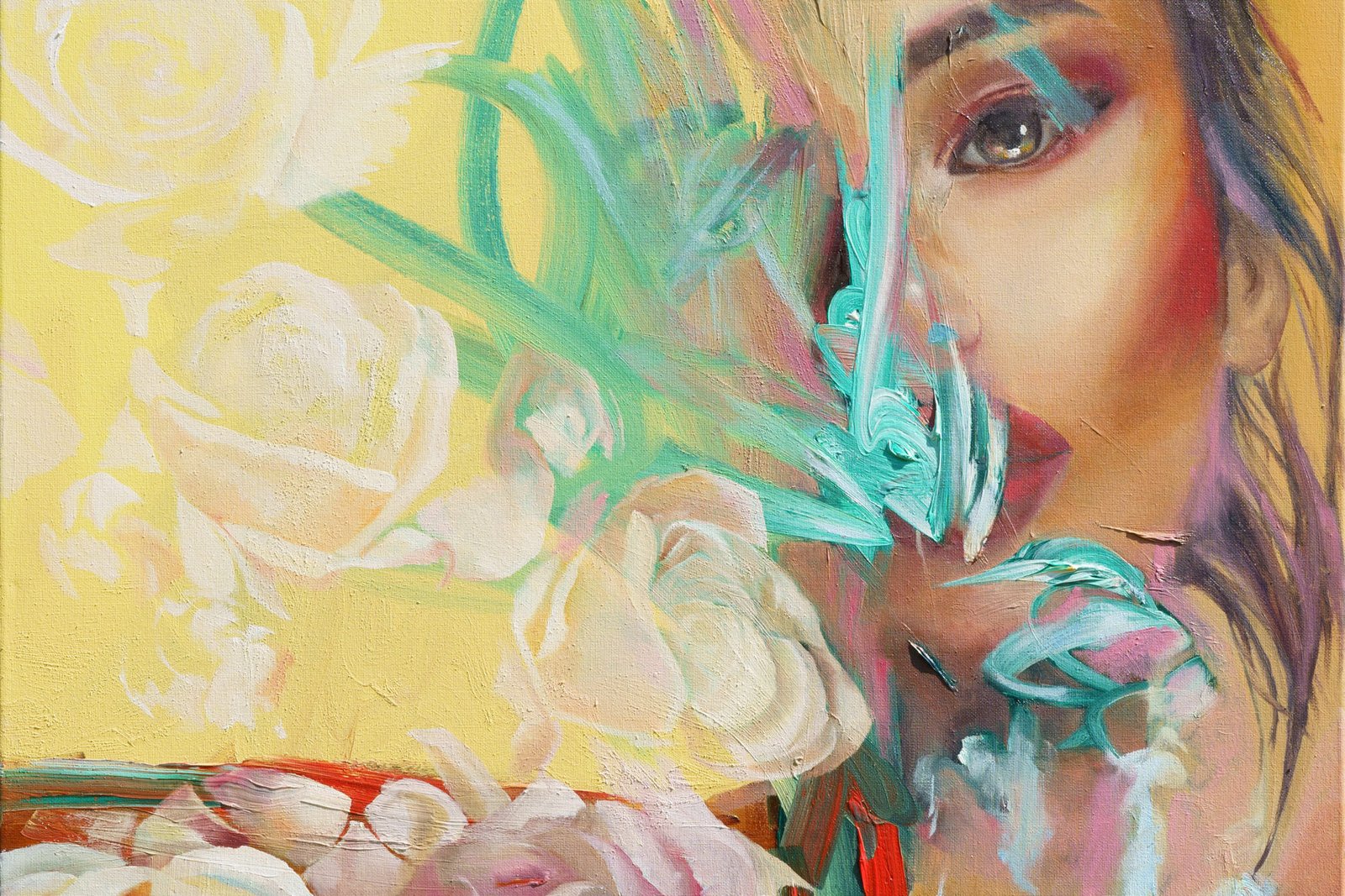Oil painting by Alex Righetto, part of the 'Perfectly Imperfect' collection, showcasing a woman's portrait with abstract elements.