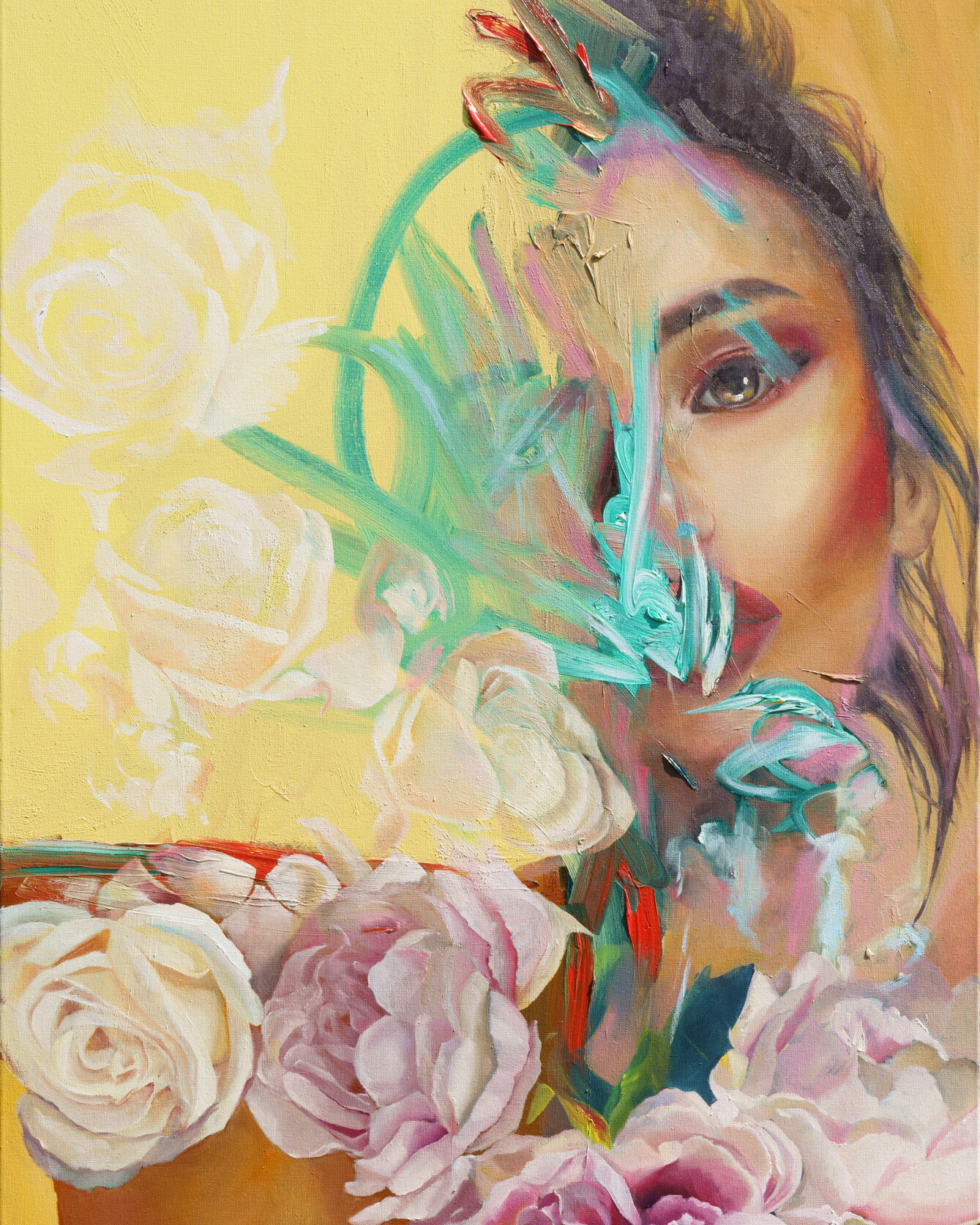 Oil painting by Alex Righetto, part of the 'Perfectly Imperfect' collection, showcasing a woman's portrait with abstract elements.
