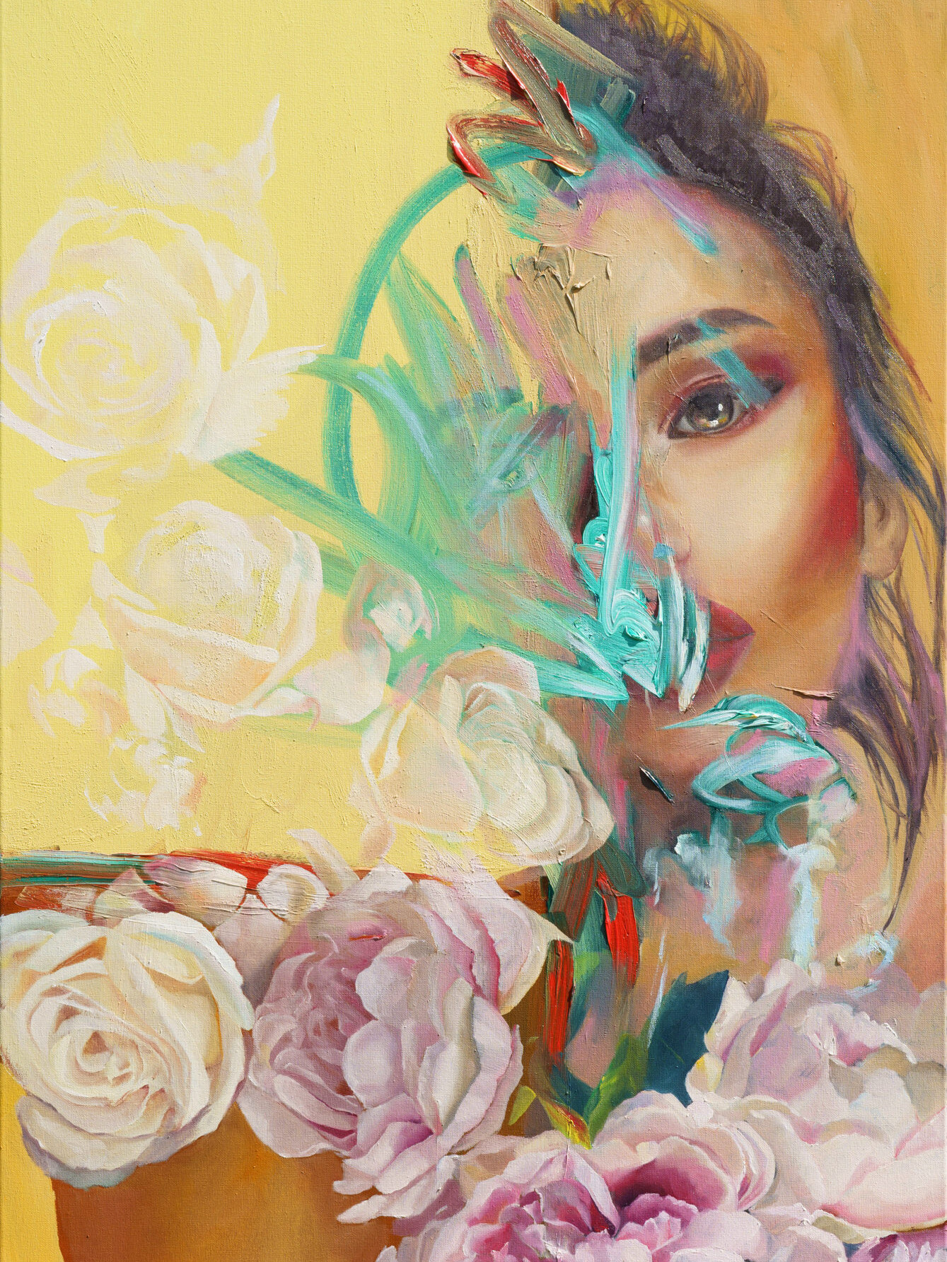 Oil painting by Alex Righetto, part of the 'Perfectly Imperfect' collection, showcasing a woman's portrait with abstract elements.