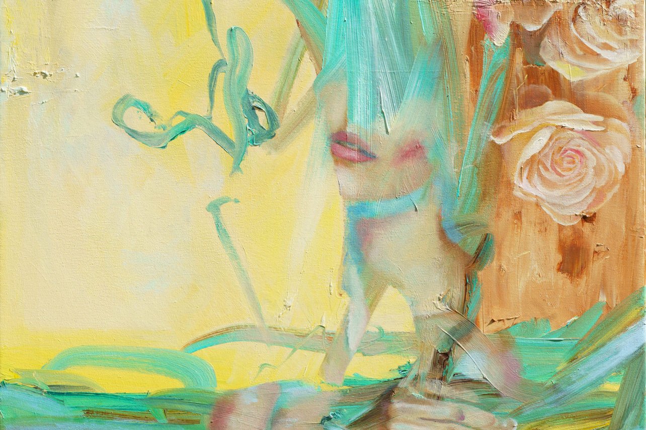 Oil painting by Alex Righetto depicting abstract forms and colors blending together, evoking a sense of imperfection and transient beauty.