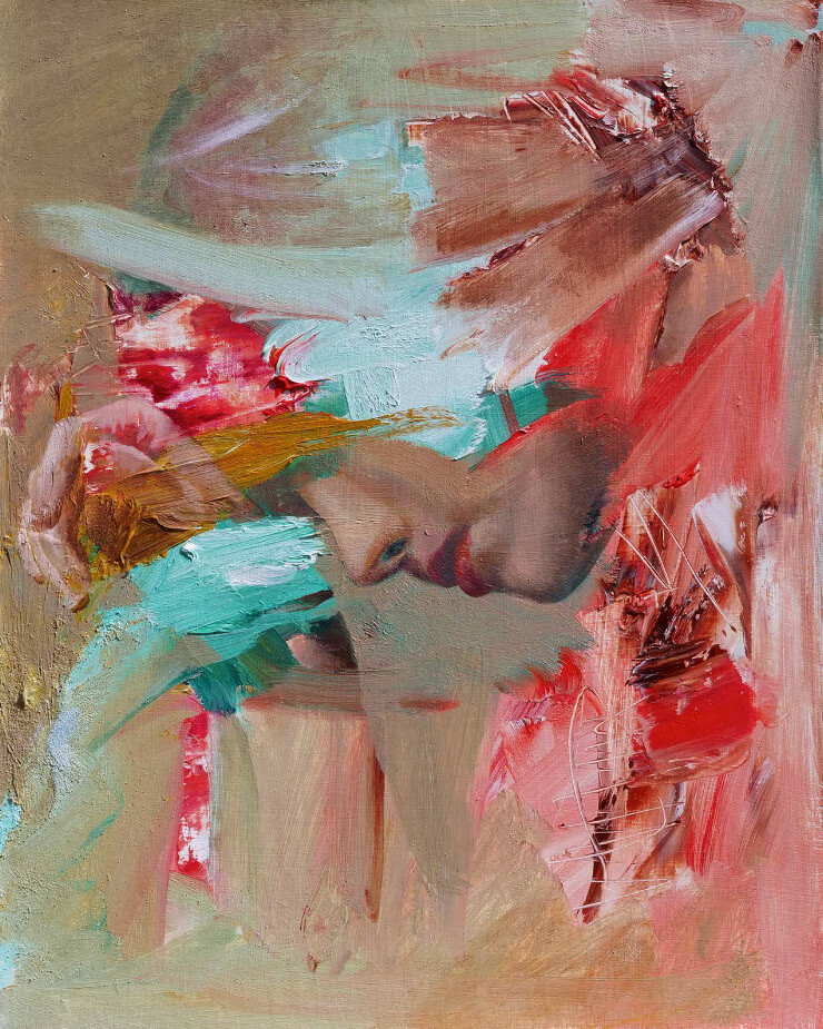 Un dipinto ad olio astratto di Alex Righetto, parte della collezione 'Perfettamente Imperfetta', raffigurante una figura contemplativa.
