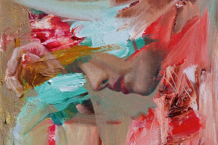 An abstract oil painting by Alex Righetto, part of the 'Perfectly Imperfect' collection, depicting a contemplative figure.