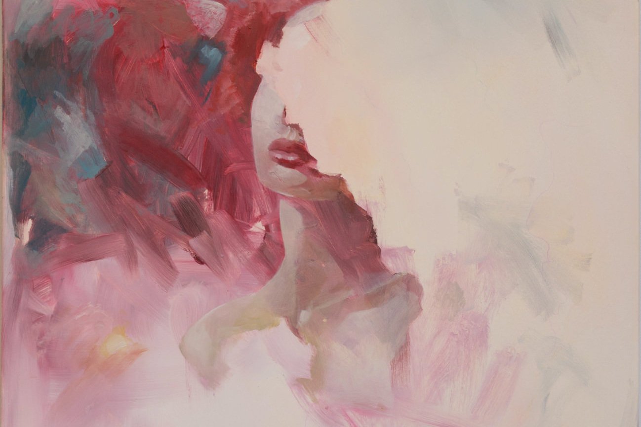 Oil painting by Alex Righetto from the 'Perfectly Imperfect' collection, featuring a portrait of a woman with an abstract and emotive style.