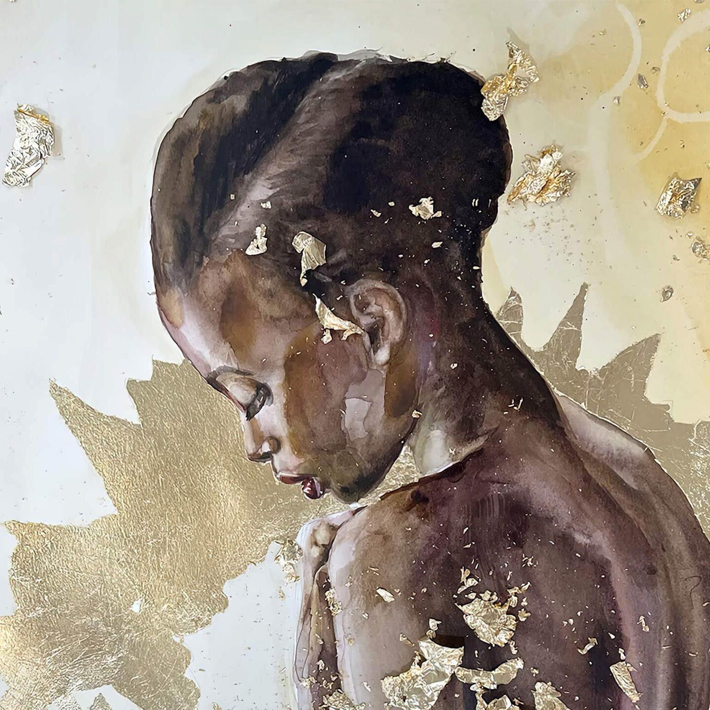 Original watercolor painting 'The Golden Progenitor' from the Radiance Collection, featuring a young woman's profile against a gold leaf backdrop