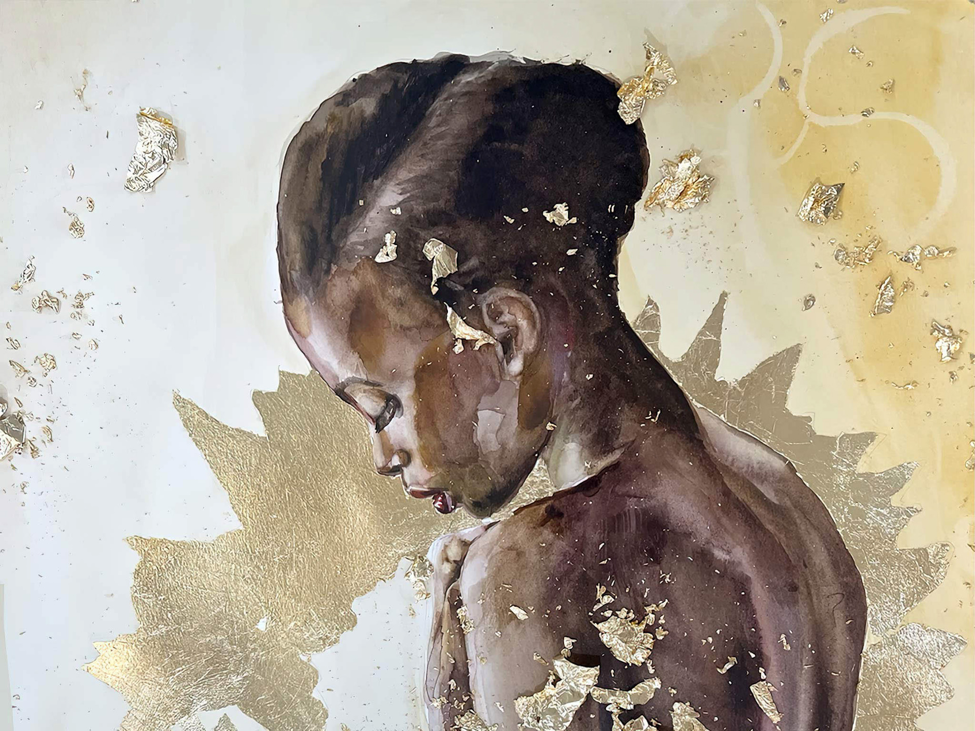 Original watercolor painting 'The Golden Progenitor' from the Radiance Collection, featuring a young woman's profile against a gold leaf backdrop