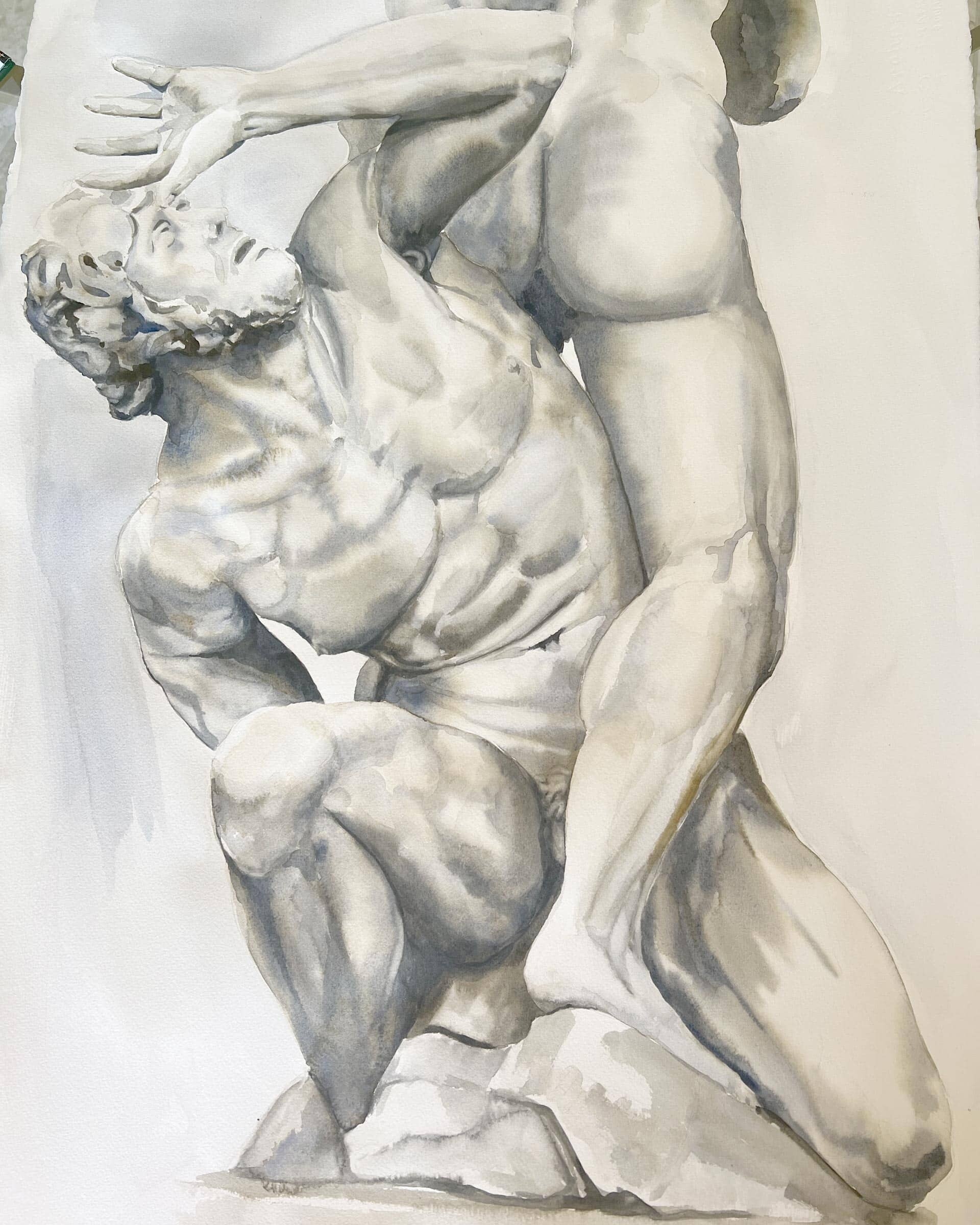 Two original watercolor paintings 'Il Ratto delle Sabine' by Alex Righetto, each measuring 20 x 30 inches, part of the Renaissance Collection, intricately portraying the richness of the Renaissance period.