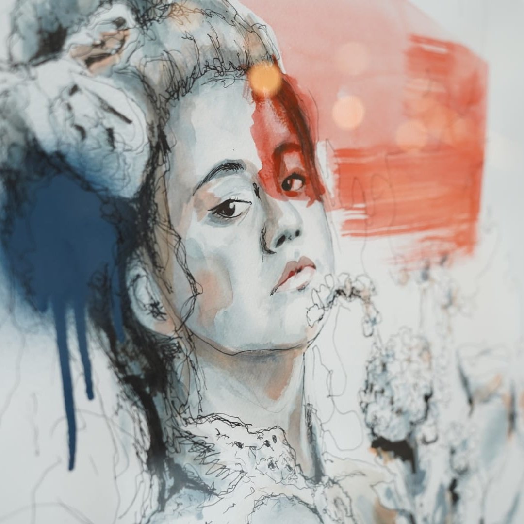 A watercolor and ink portrait of Juliet, with a contemplative gaze, set against a vibrant red backdrop, symbolizing her pivotal decision to transform.
