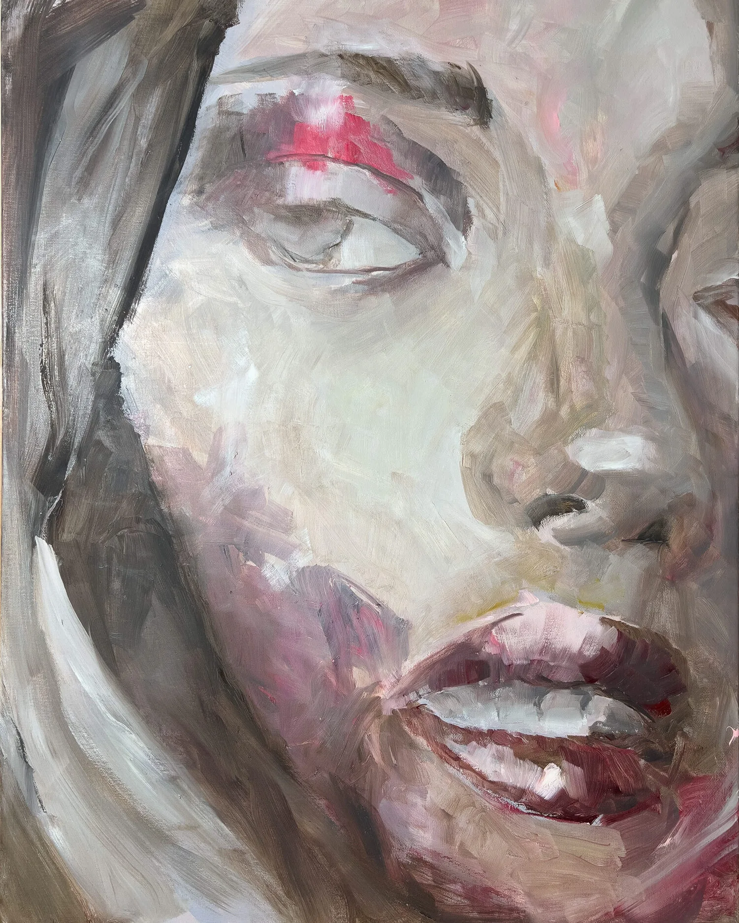 Oil painting 'Before and After' by Alex Righetto, a 22 x 28 inch vertical canvas from the Studio Collection, portraying abstract expressionism and exploration of the female form.