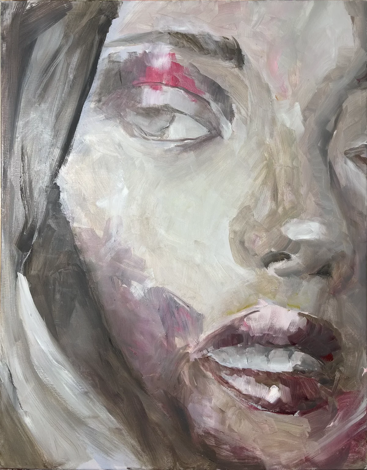 Oil painting 'Before and After' by Alex Righetto, a 22 x 28 inch vertical canvas from the Studio Collection, portraying abstract expressionism and exploration of the female form.