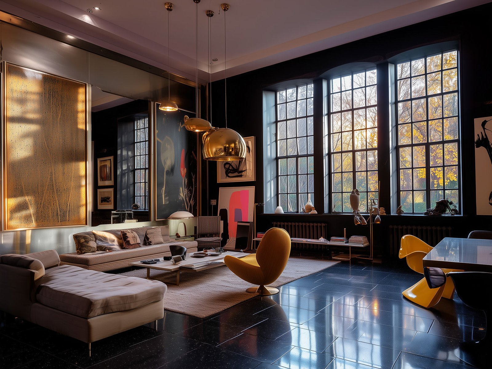 a room with large windows and a couch
