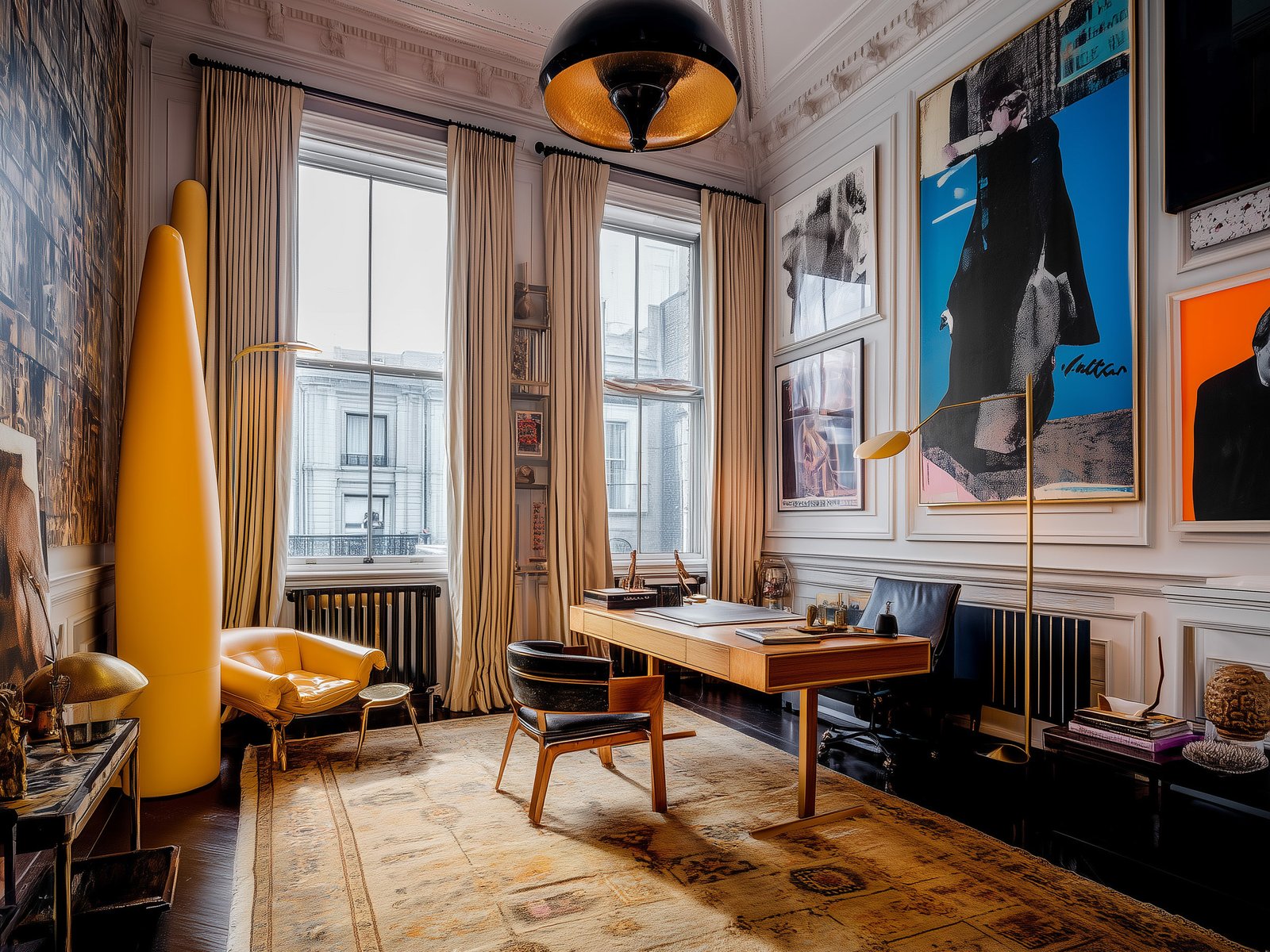 a room with a desk chair and a large lamp